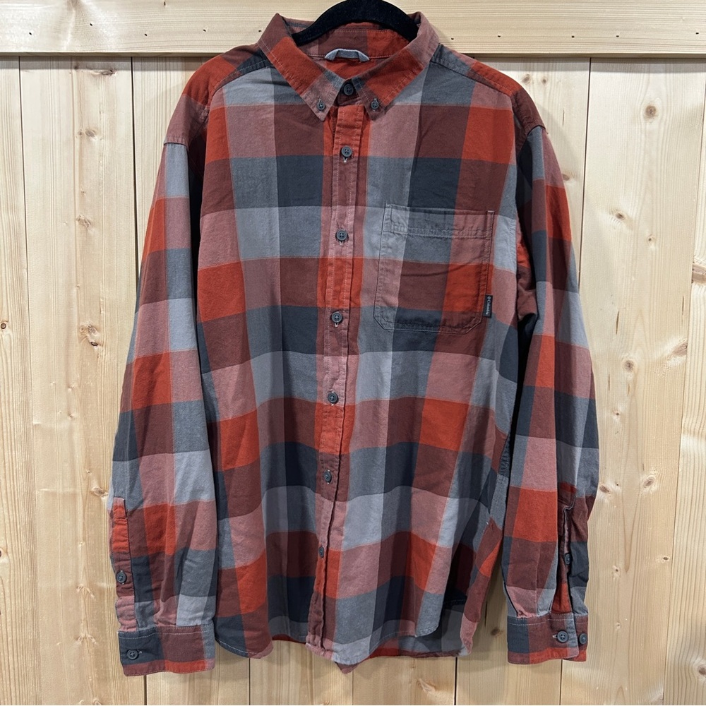 Columbia Gorpcore Plaid Flannel Shirt Large Orange Grey Hiking Outdoor